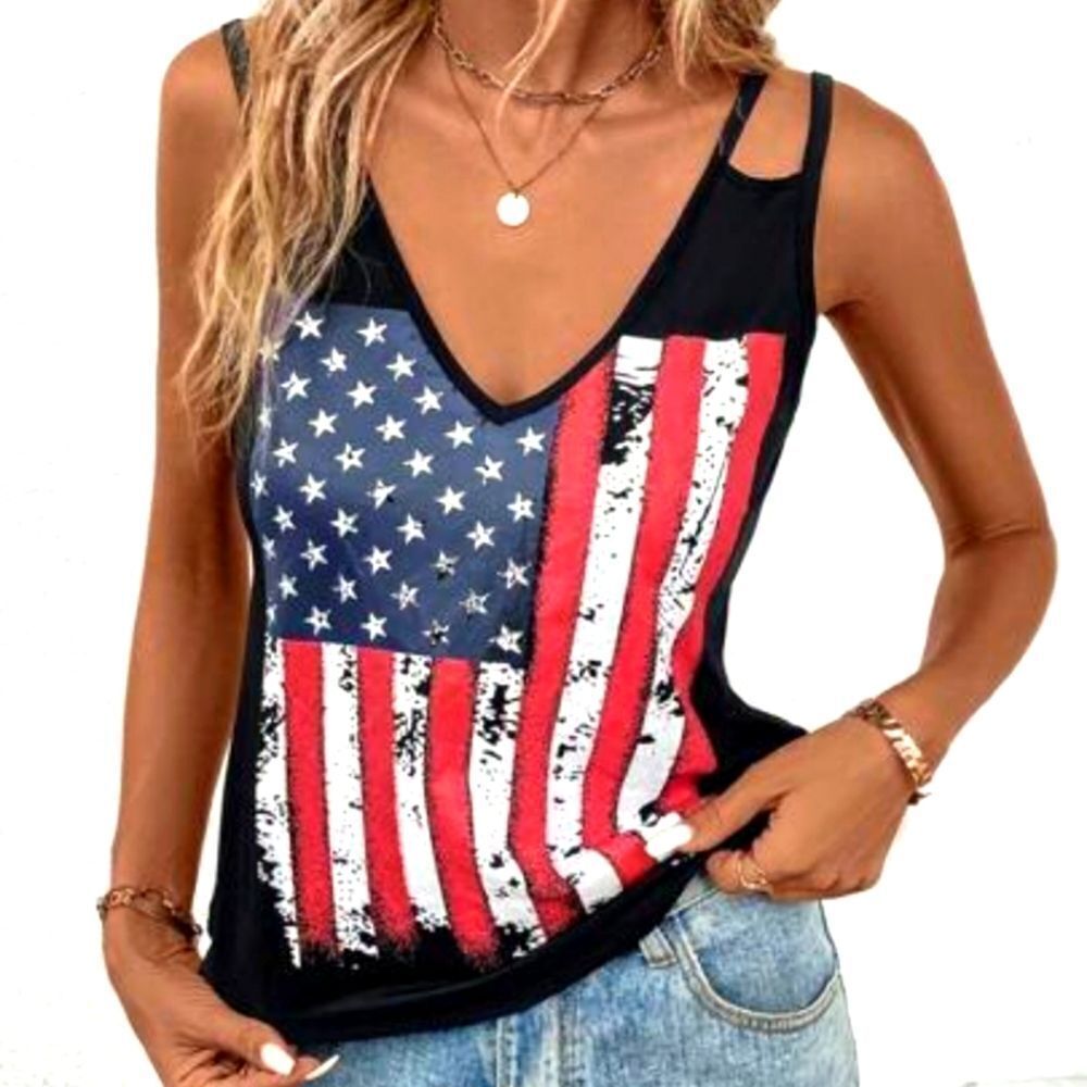Super cute flag v neck Casual black tank top sz large